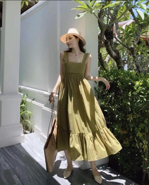 Đầm Maxi Lụa Olive thiết kế bay bổng Deviant